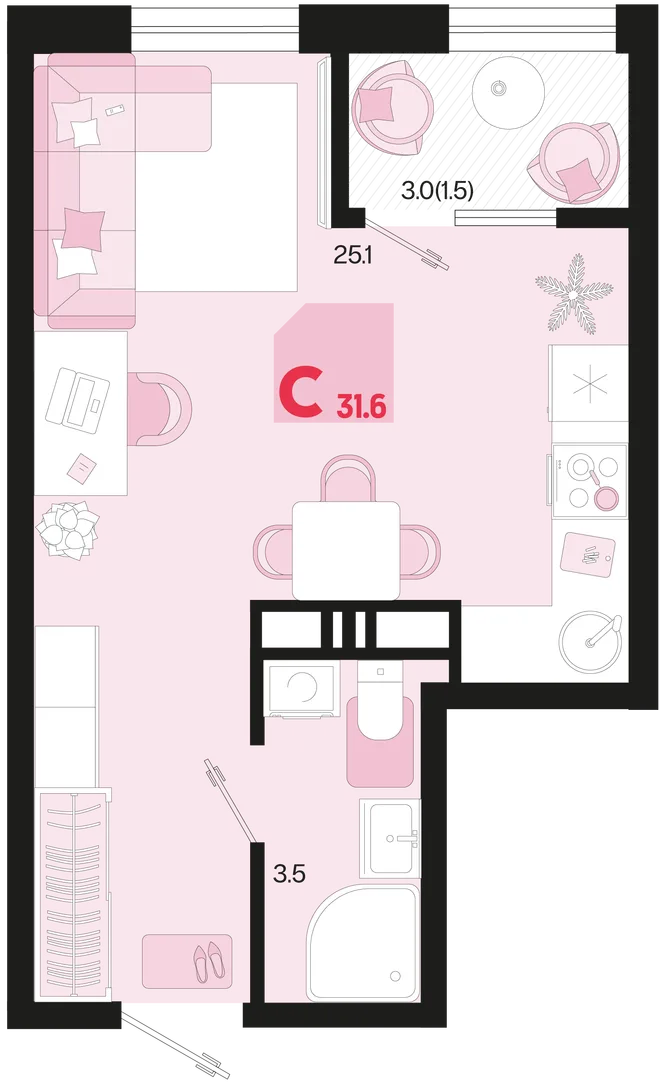 Планировка Студия, 31.6 м² ЖК «Первое место» Планировка Студия, 31.6 м² ЖК «Первое место»