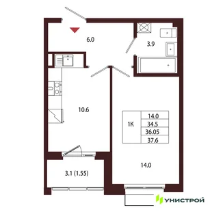 Планировка 1-комн. квартира, 36.05 м² ЖК «Лисино»