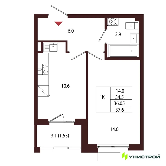 Планировка 1-комн. квартира, 36.05 м² ЖК «Лисино» Планировка 1-комн. квартира, 36.05 м² ЖК «Лисино»