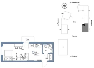 Планировка Студия, 31.62 м² ЖК «Уральский сад»
