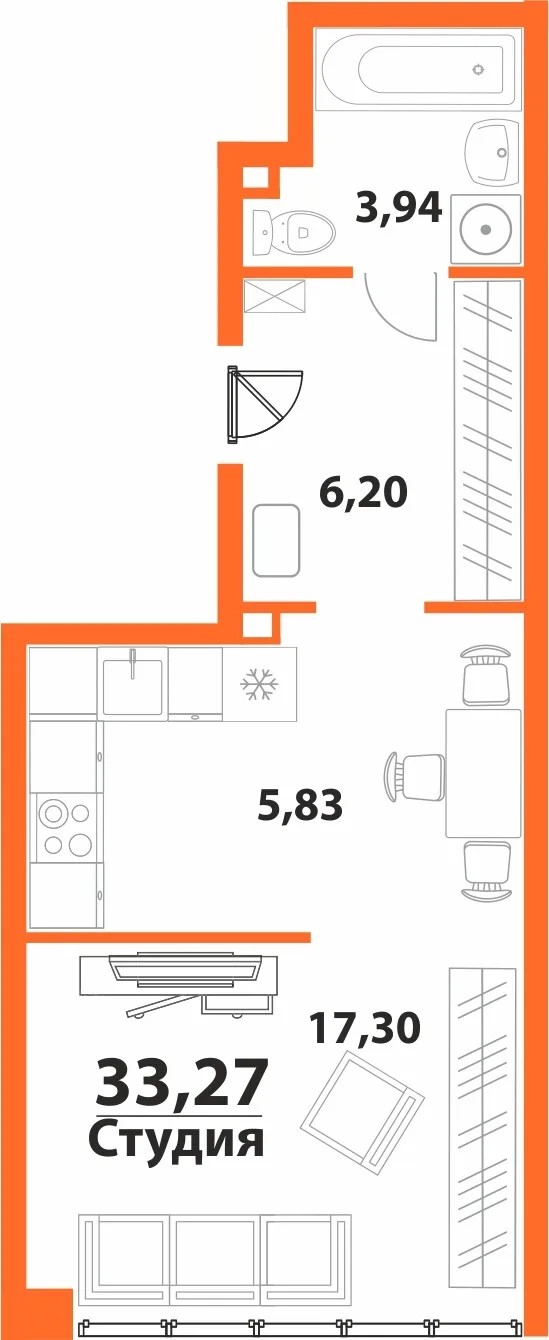 Планировка Студия, 33.27 м² ЖК «Аквамарин 2» Планировка Студия, 33.27 м² ЖК «Аквамарин 2»