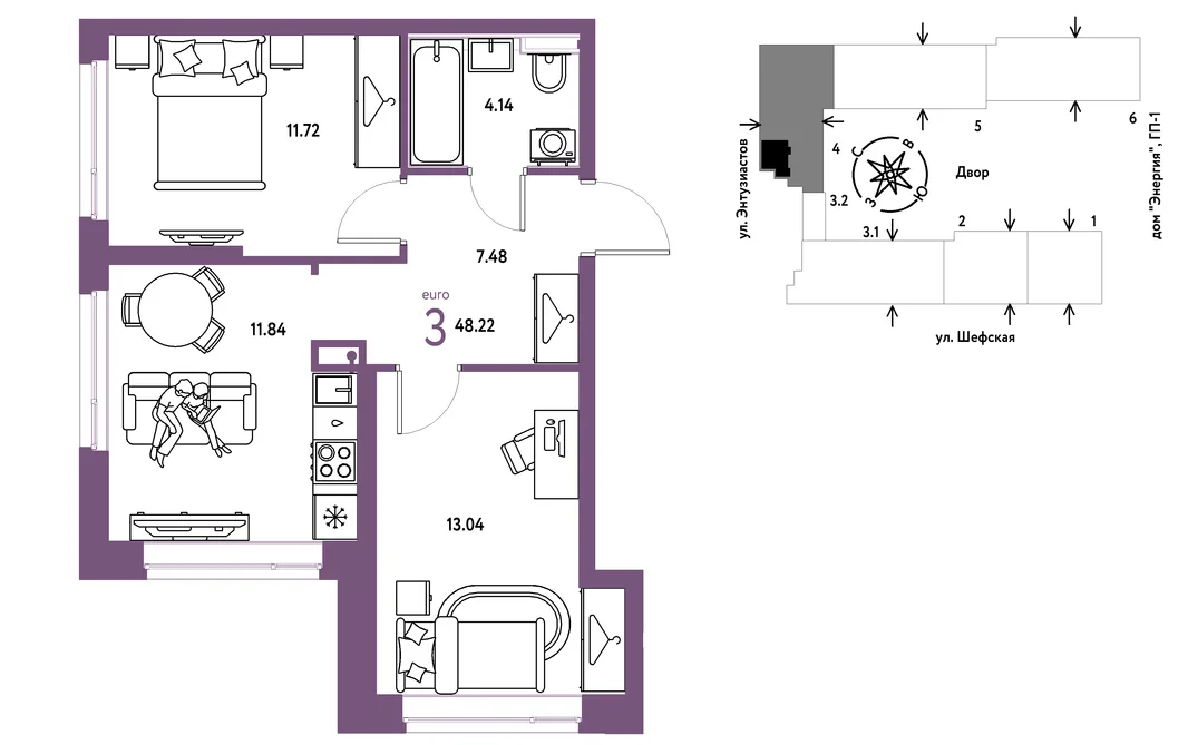 Планировка 3-комн. квартира, 48.22 м² ЖК «Страна.Энтузиастов»