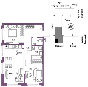 Планировка 3-комн. квартира, 59.65 м² ЖК «Микрорайон Домашний»