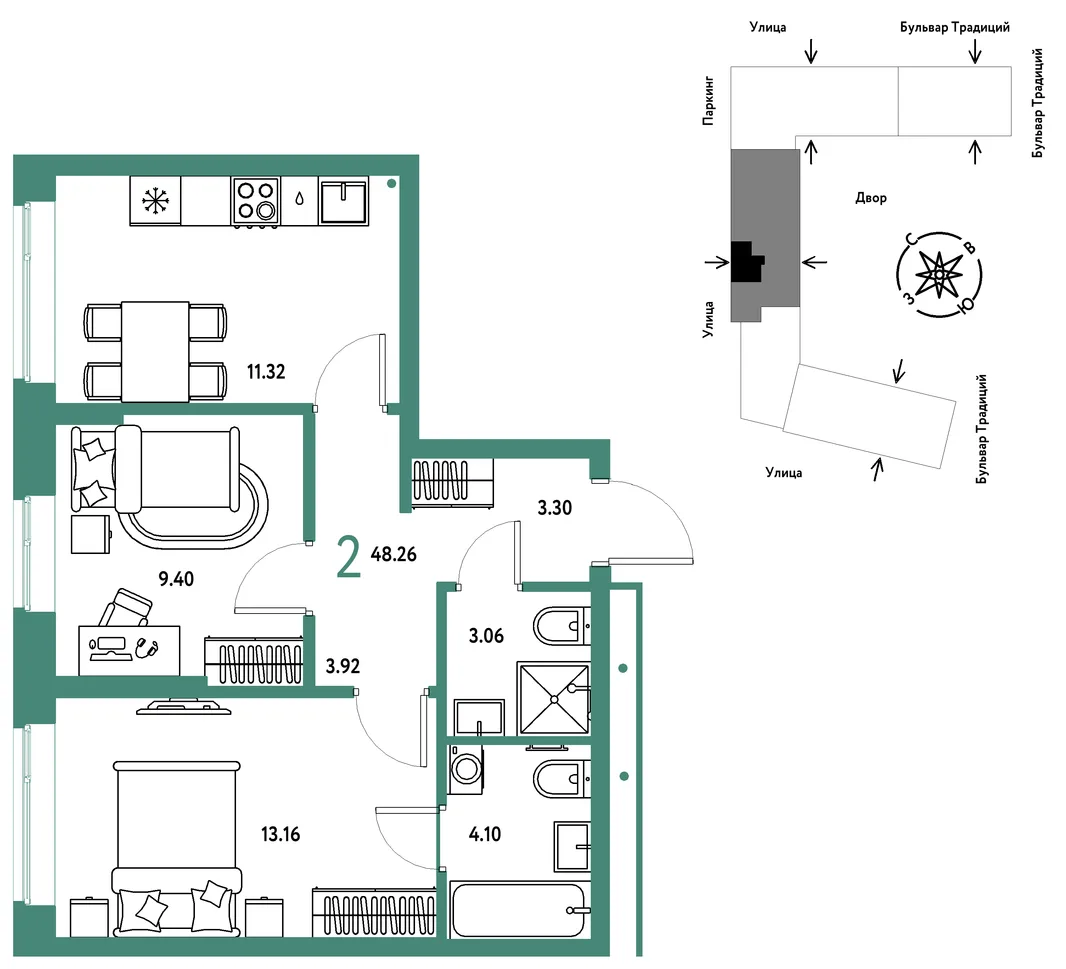 Планировка 2-комн. квартира, 48.26 м² ЖК «Микрорайон Домашний»
