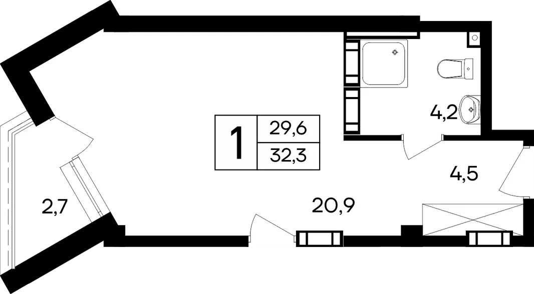 Планировка 1-комн. квартира, 32.3 м² Апарт-отель «Cosmos Smart Евпатория»