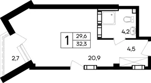 Планировка 1-комн. квартира, 32.3 м² Апарт-отель «Cosmos Smart Евпатория»