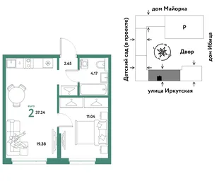 Планировка 2-комн. квартира, 37.24 м² ЖК «Остров-сад»