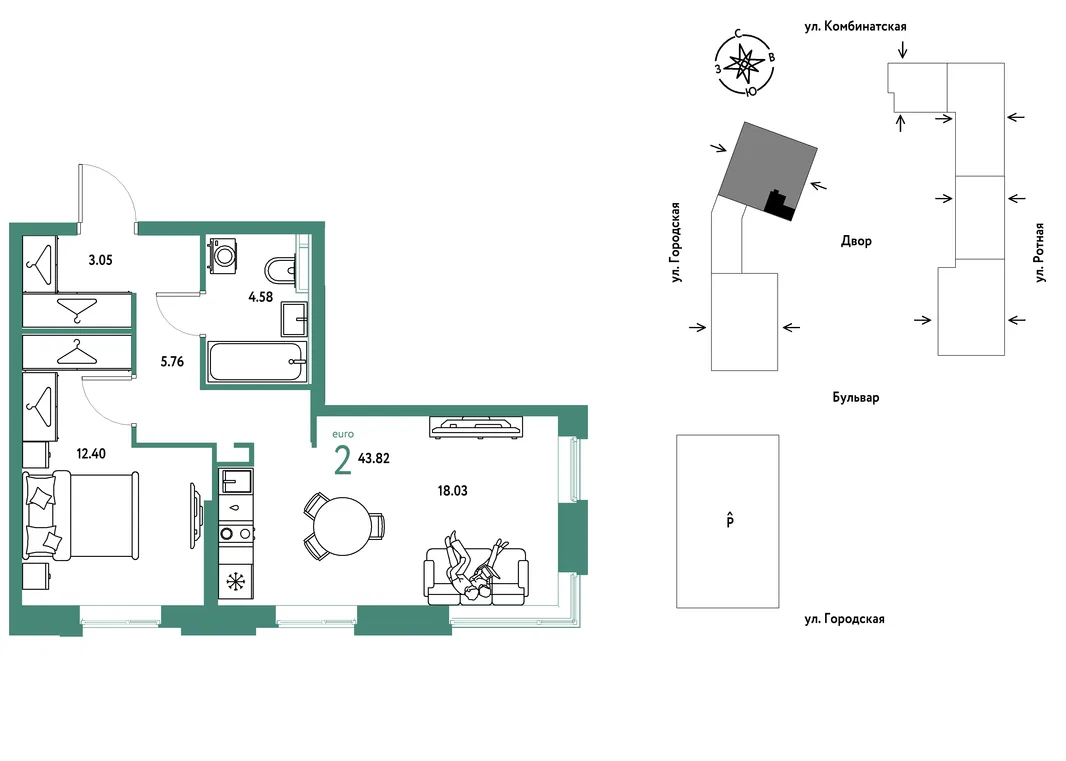 Планировка 2-комн. квартира, 43.82 м² ЖК «Уральский сад»