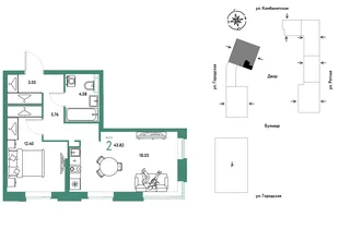 Планировка 2-комн. квартира, 43.82 м² ЖК «Уральский сад»