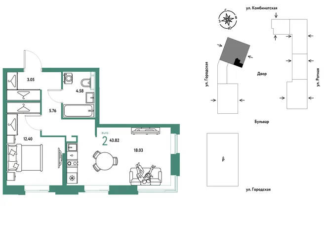 Планировка 2-комн. квартира, 43.82 м² ЖК «Уральский сад» Планировка 2-комн. квартира, 43.82 м² ЖК «Уральский сад»