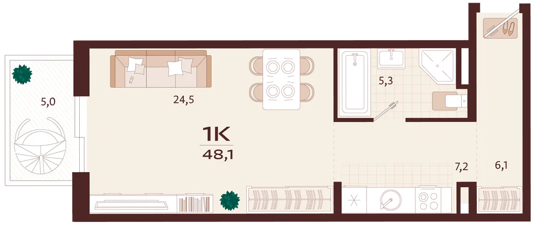 Планировка 1-комн. квартира, 48.1 м² ЖК «Роялта»