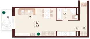 Планировка 1-комн. квартира, 48.1 м² ЖК «Роялта»