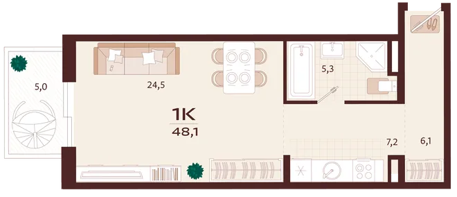 Планировка 1-комн. квартира, 48.1 м² ЖК «Роялта» Планировка 1-комн. квартира, 48.1 м² ЖК «Роялта»