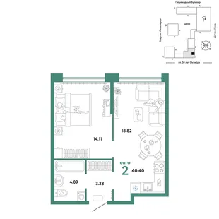 Планировка 2-комн. квартира, 40.4 м² ЖК «Сердце Сибири»