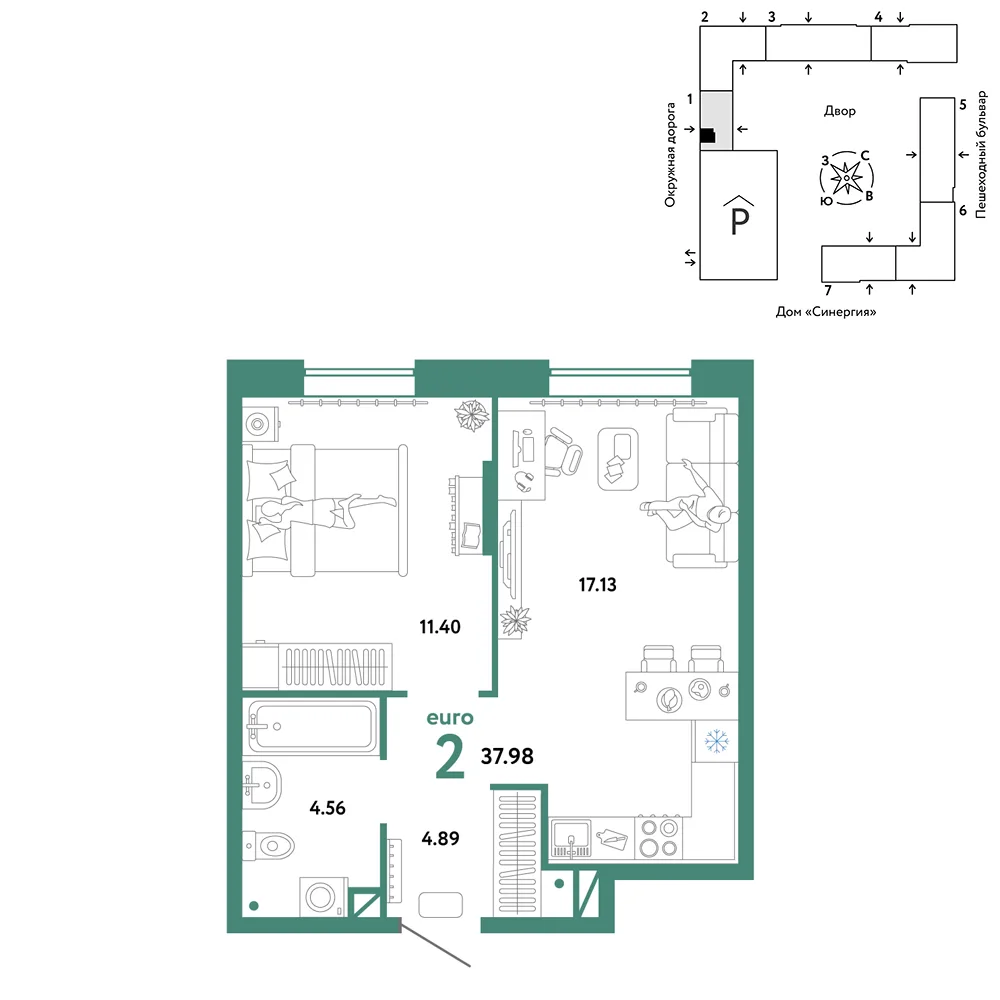 Планировка 2-комн. квартира, 37.98 м² ЖК «Юнион»