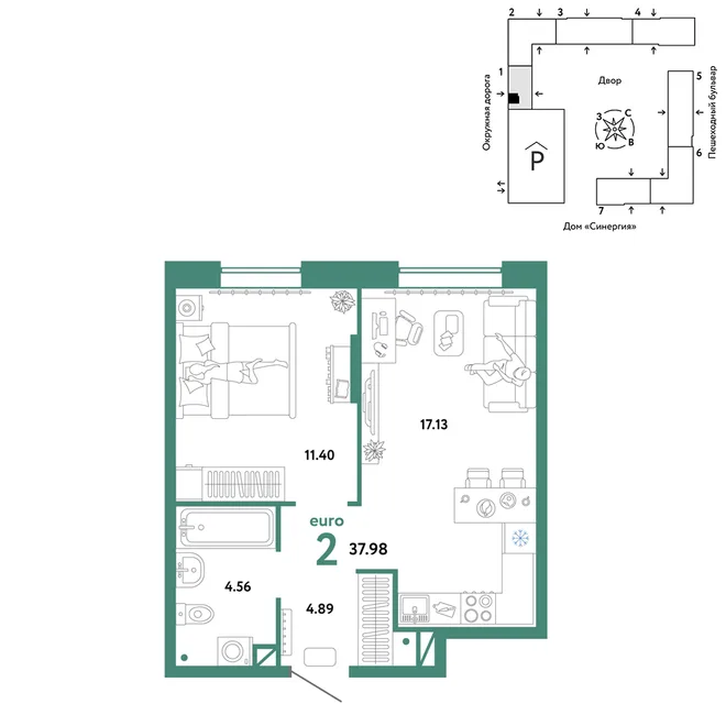 Планировка 2-комн. квартира, 37.98 м² ЖК «Юнион» Планировка 2-комн. квартира, 37.98 м² ЖК «Юнион»