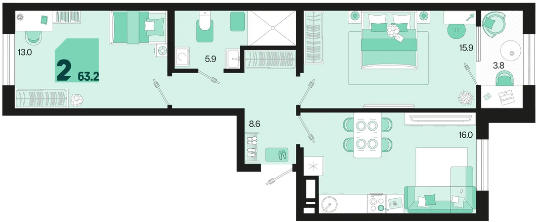 Планировка 2-комн. квартира, 63.2 м² ЖК «Первое место»