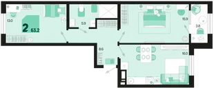 Планировка 2-комн. квартира, 63.2 м² ЖК «Первое место»