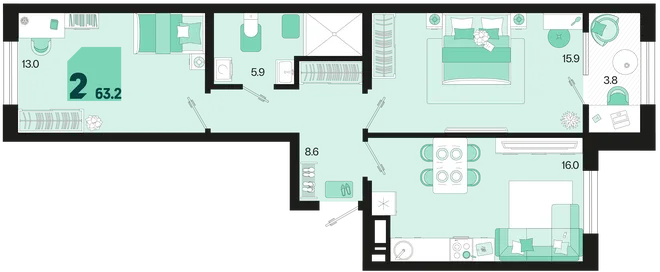 Планировка 2-комн. квартира, 63.2 м² ЖК «Первое место» Планировка 2-комн. квартира, 63.2 м² ЖК «Первое место»