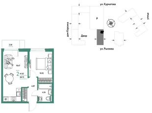 Планировка 2-комн. квартира, 40.98 м² ЖК «Остров-сад»