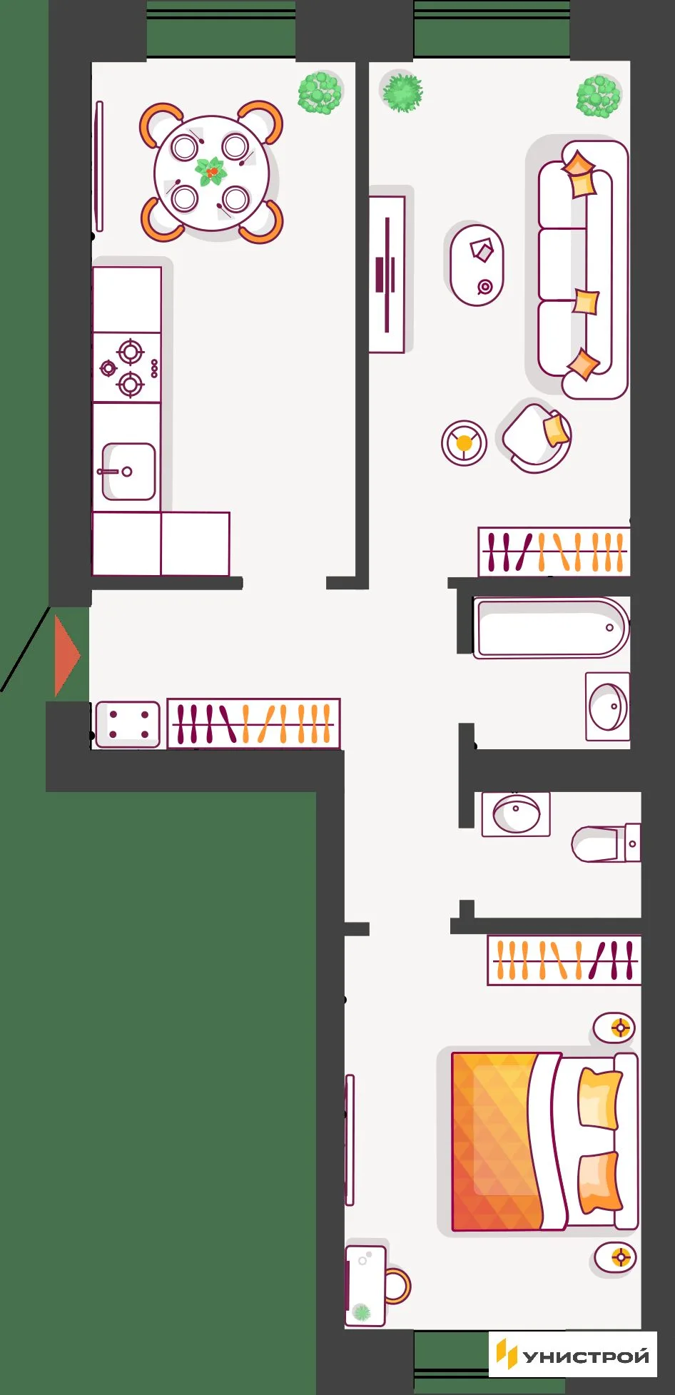 Планировка 2-комн. квартира, 59.47 м² ЖК «Южный бульвар 2»