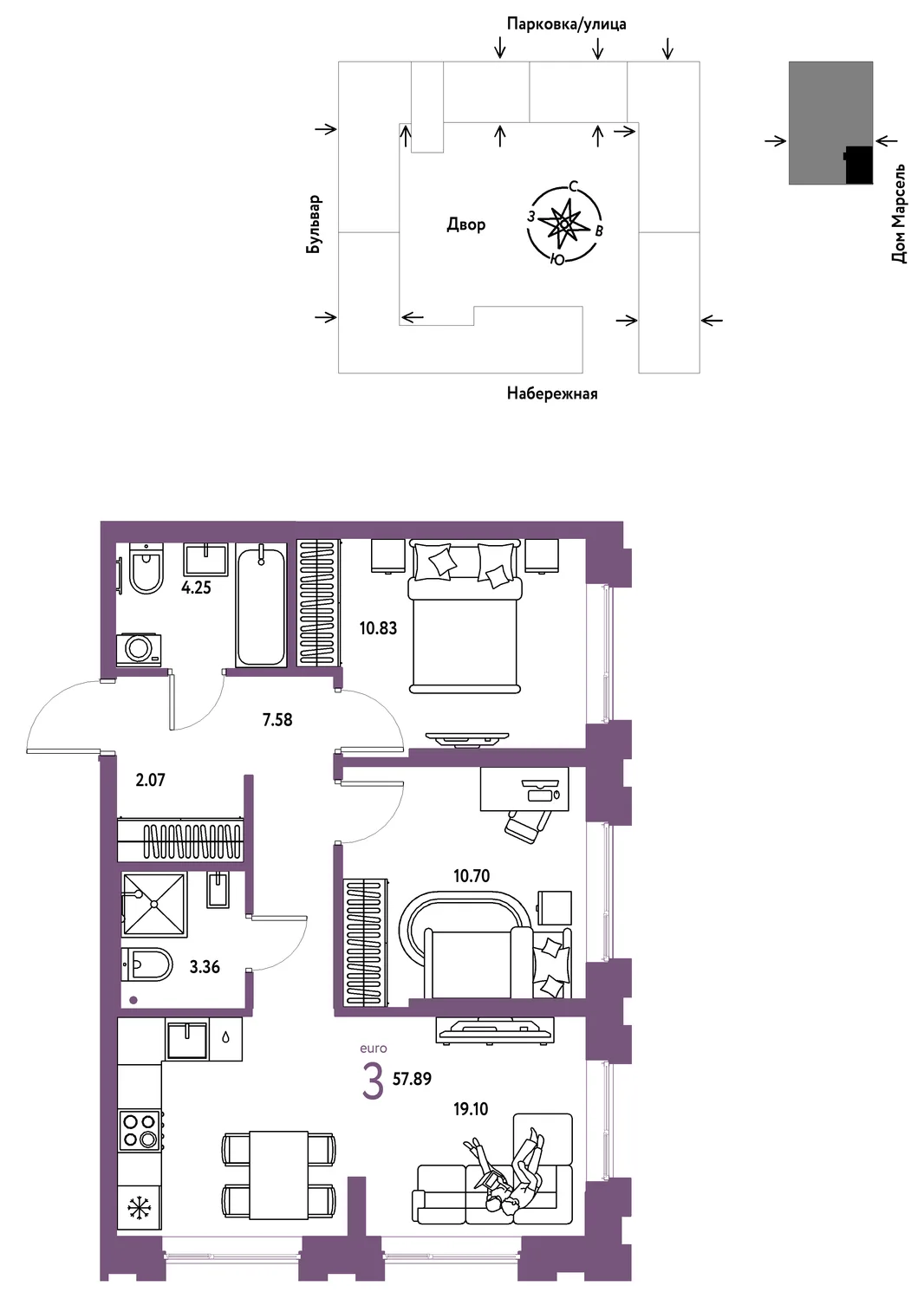 Планировка 3-комн. квартира, 57.89 м² ЖК «Европейский берег 2.0»