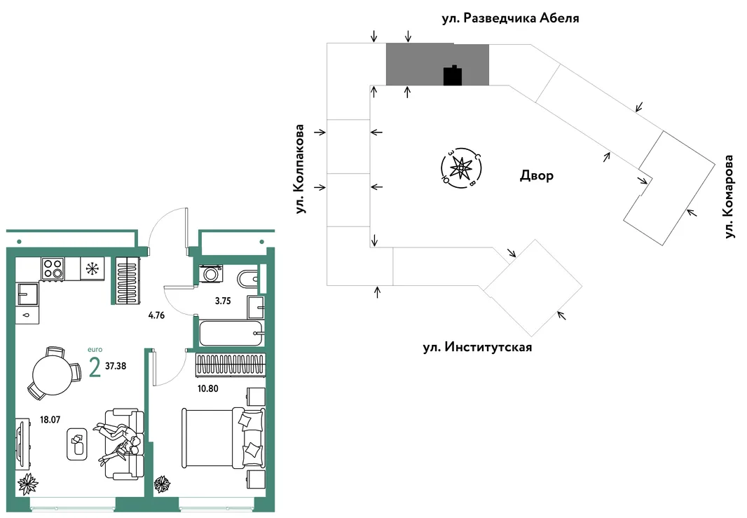 Планировка 2-комн. квартира, 37.38 м² ЖК «Страна.Парковая»