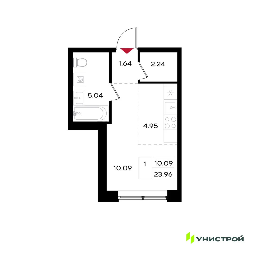 Планировка 1-комн. квартира, 23.96 м² ЖК «Уникум на Энгельса»