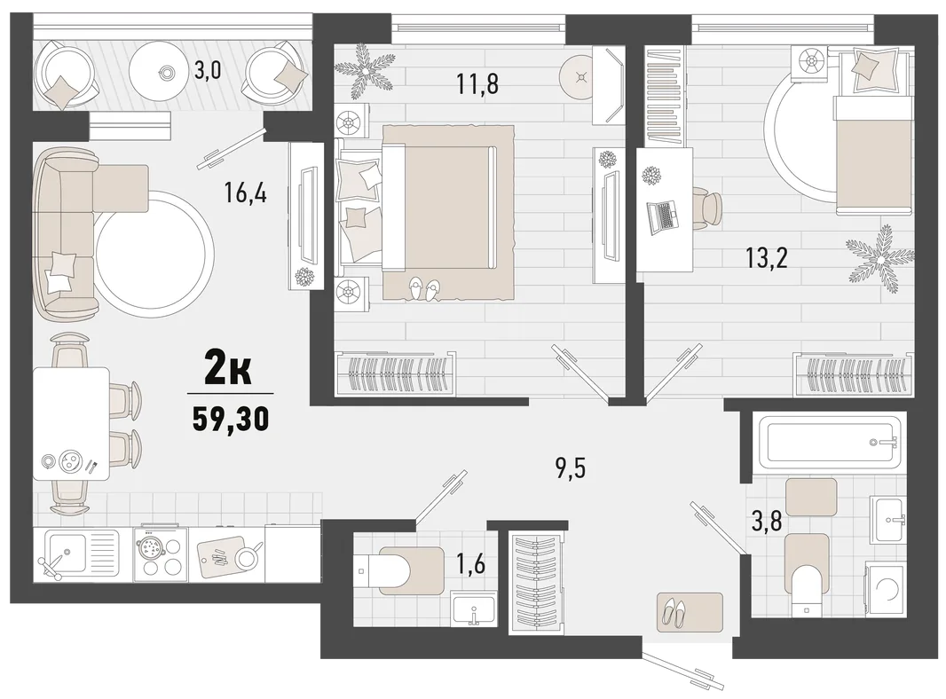 Планировка 2-комн. квартира, 59.3 м² ЖК «Барса»