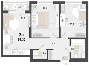 Планировка 2-комн. квартира, 59.3 м² ЖК «Барса»