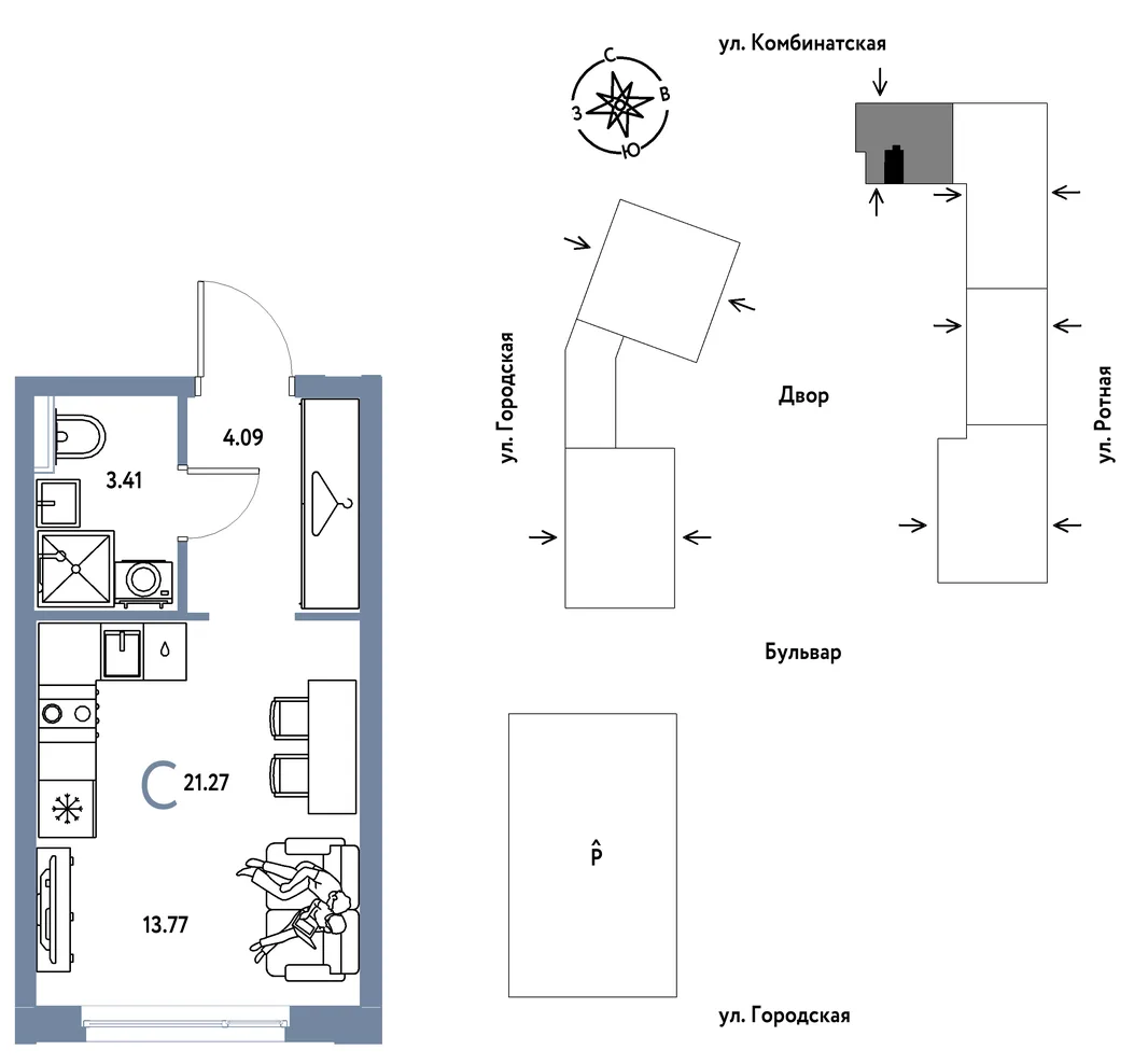 Планировка Студия, 21.27 м² ЖК «Уральский сад»