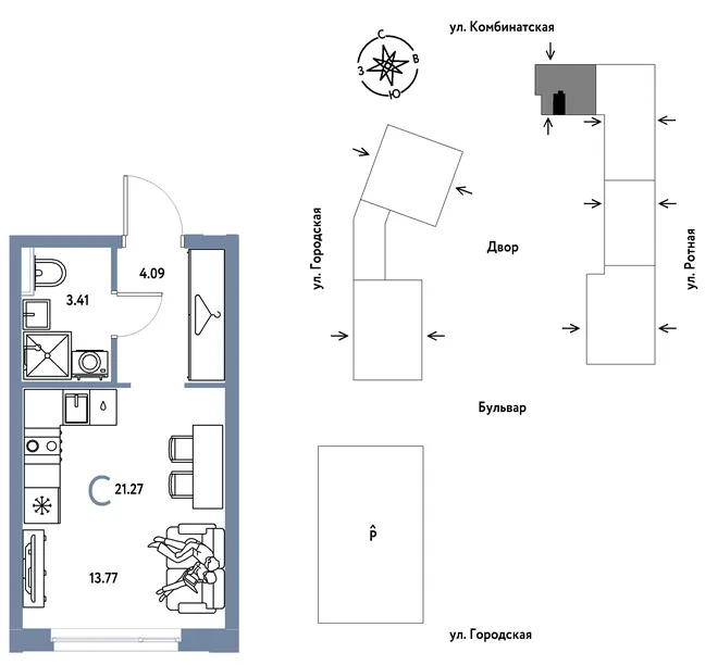 Планировка Студия, 21.27 м² ЖК «Уральский сад»