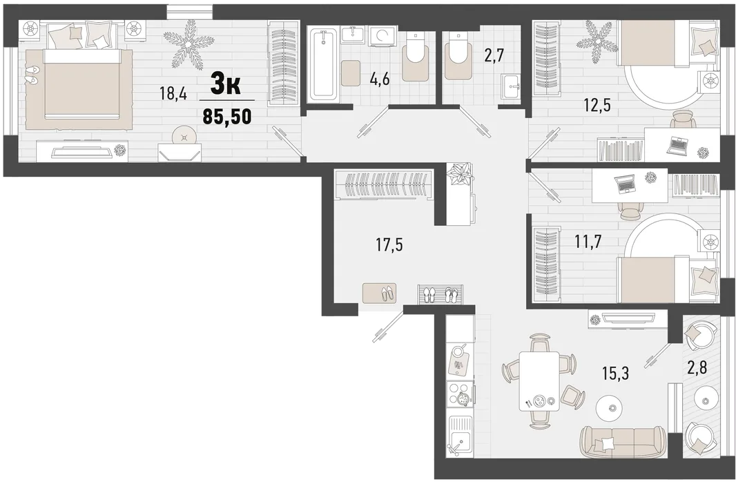 Планировка 3-комн. квартира, 85.5 м² ЖК «Барса»