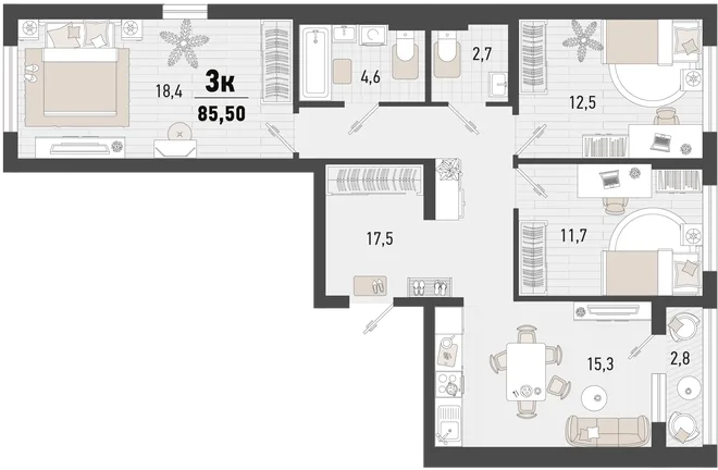 Планировка 3-комн. квартира, 85.5 м² ЖК «Барса»