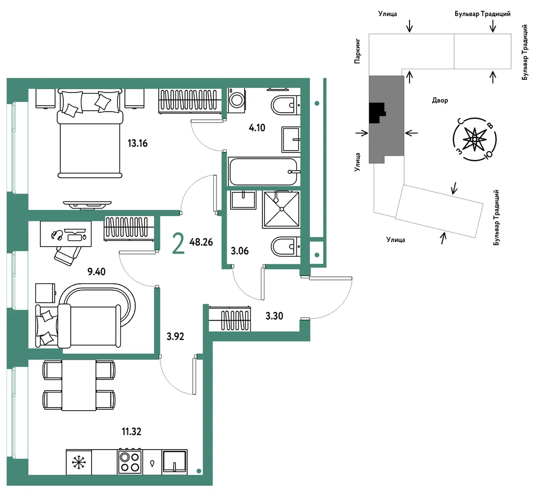 Планировка 2-комн. квартира, 48.26 м² ЖК «Микрорайон Домашний»