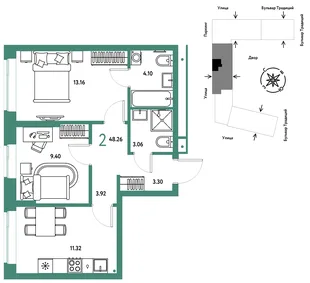 Планировка 2-комн. квартира, 48.26 м² ЖК «Микрорайон Домашний»