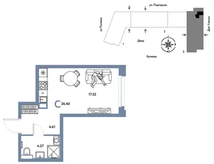 Планировка Студия, 26.48 м² ЖК «Авторский»