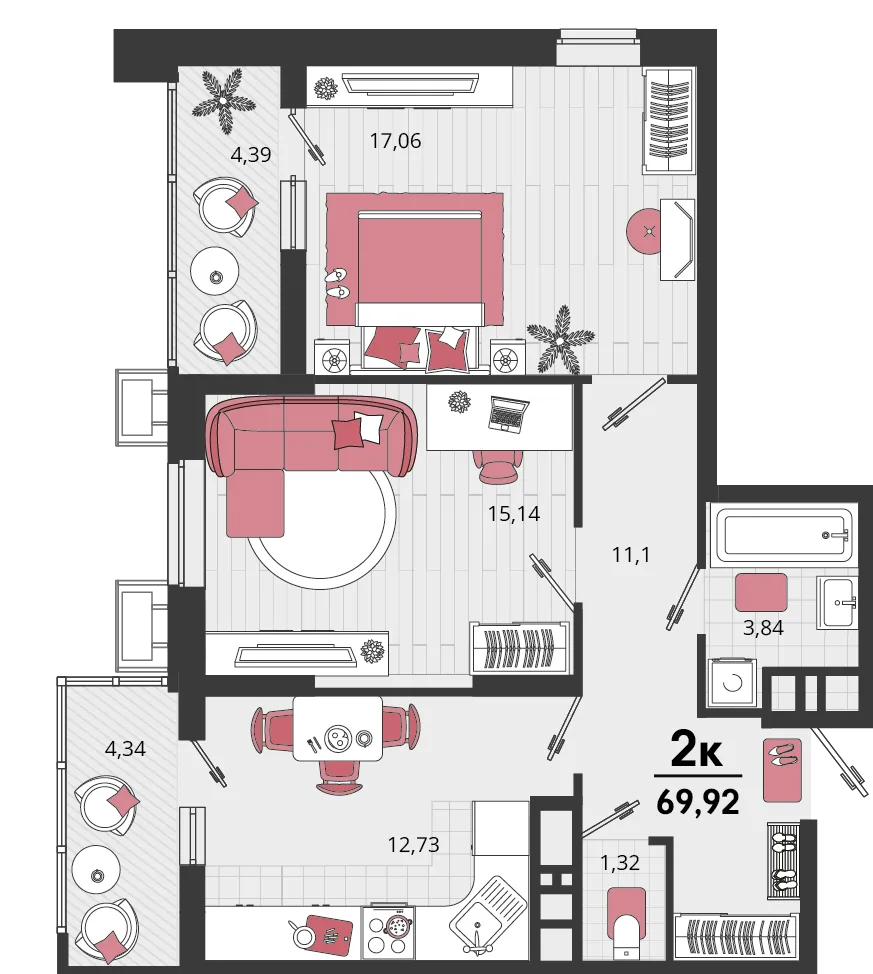 Планировка 2-комн. квартира, 69.92 м² ЖК «Родные просторы»