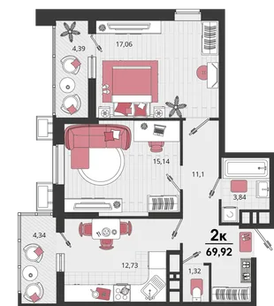 Планировка 2-комн. квартира, 69.92 м² ЖК «Родные просторы»