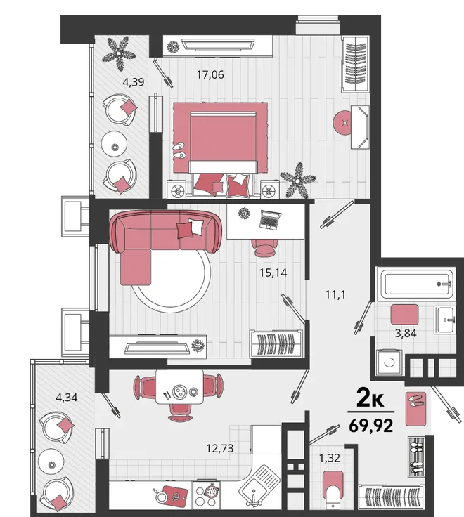 Планировка 2-комн. квартира, 69.92 м² ЖК «Родные просторы» Планировка 2-комн. квартира, 69.92 м² ЖК «Родные просторы»
