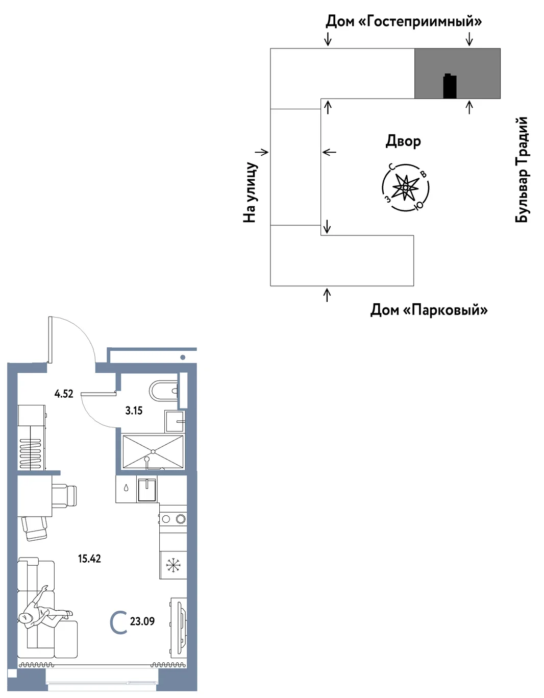 Планировка Студия, 23.09 м² ЖК «Микрорайон Домашний»