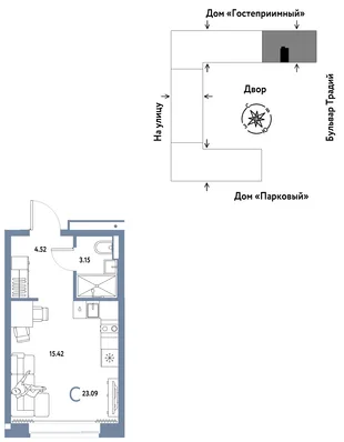 Планировка Студия, 23.09 м² ЖК «Микрорайон Домашний»