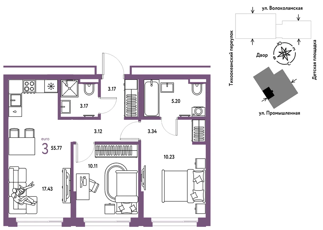 Планировка 3-комн. квартира, 55.77 м² ЖК «Страна Прибрежная»