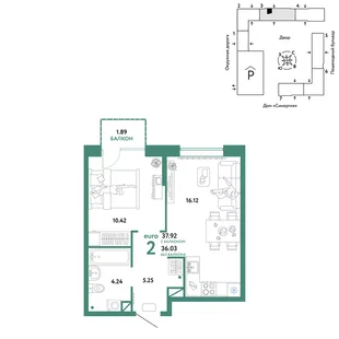 Планировка 2-комн. квартира, 37.92 м² ЖК «Юнион»