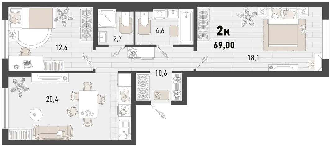 Планировка 2-комн. квартира, 69 м² ЖК «Барса»