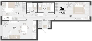 Планировка 2-комн. квартира, 69 м² ЖК «Барса»