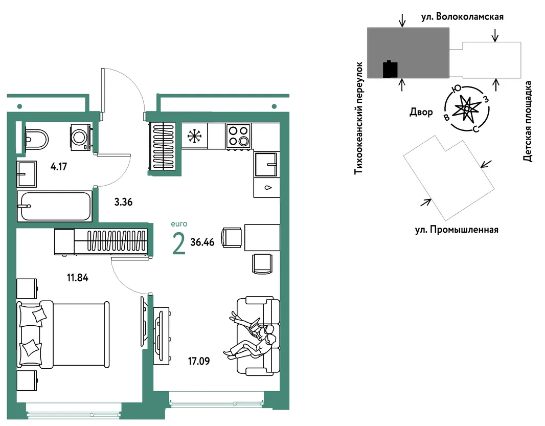 Планировка 2-комн. квартира, 36.46 м² ЖК «Страна Прибрежная»