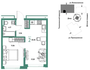 Планировка 2-комн. квартира, 36.46 м² ЖК «Страна Прибрежная»