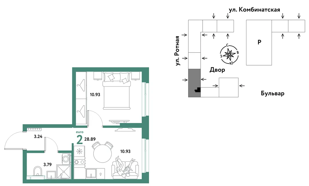 Планировка 2-комн. квартира, 28.71 м² ЖК «Уральский сад»