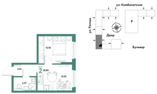 Планировка 2-комн. квартира, 28.71 м² ЖК «Уральский сад»